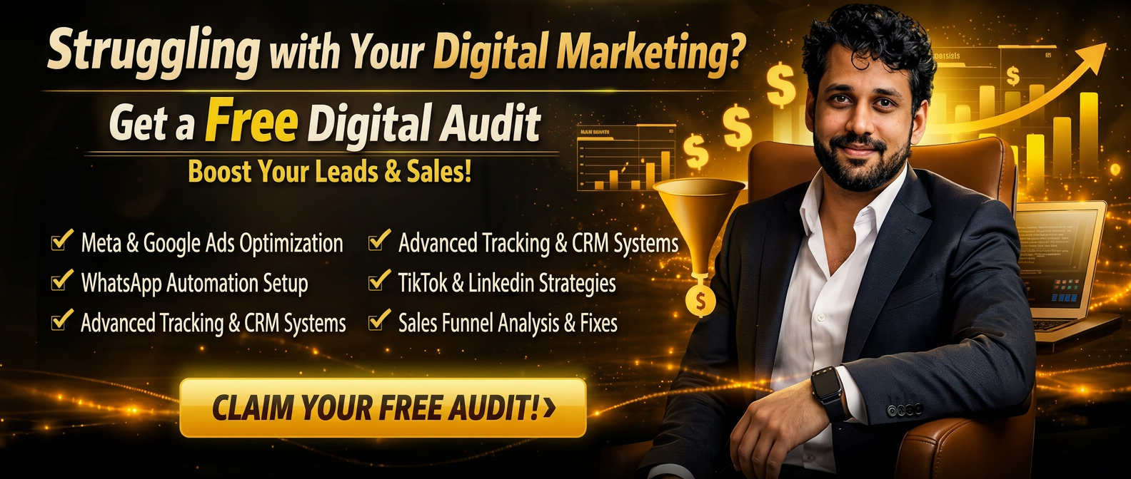 Struggling with your digital marketing? Get a free digital audit — Meta & Google Ads optimization, tracking & CRM systems, WhatsApp automation, TikTok & LinkedIn strategies, sales funnel fixes. Claim your free audit.